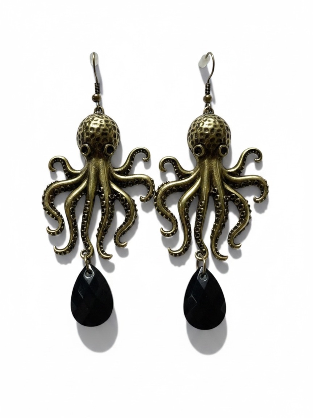 Antique Gold Octopus Drop Earrings with Black Teardrops